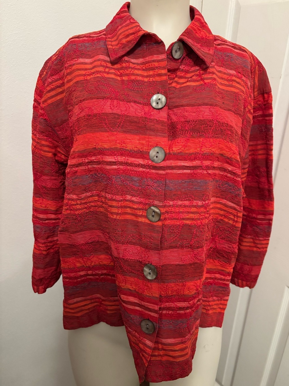 Chico's Red and Orange Textured Button-Front Jacket S 8/10